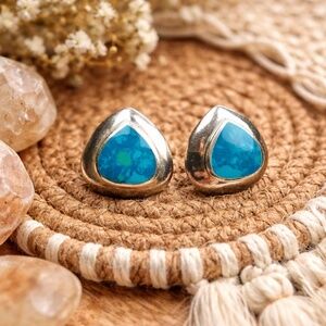 Vintage Sterling Silver Turquoise Inlay Stud Earrings | Teardrop